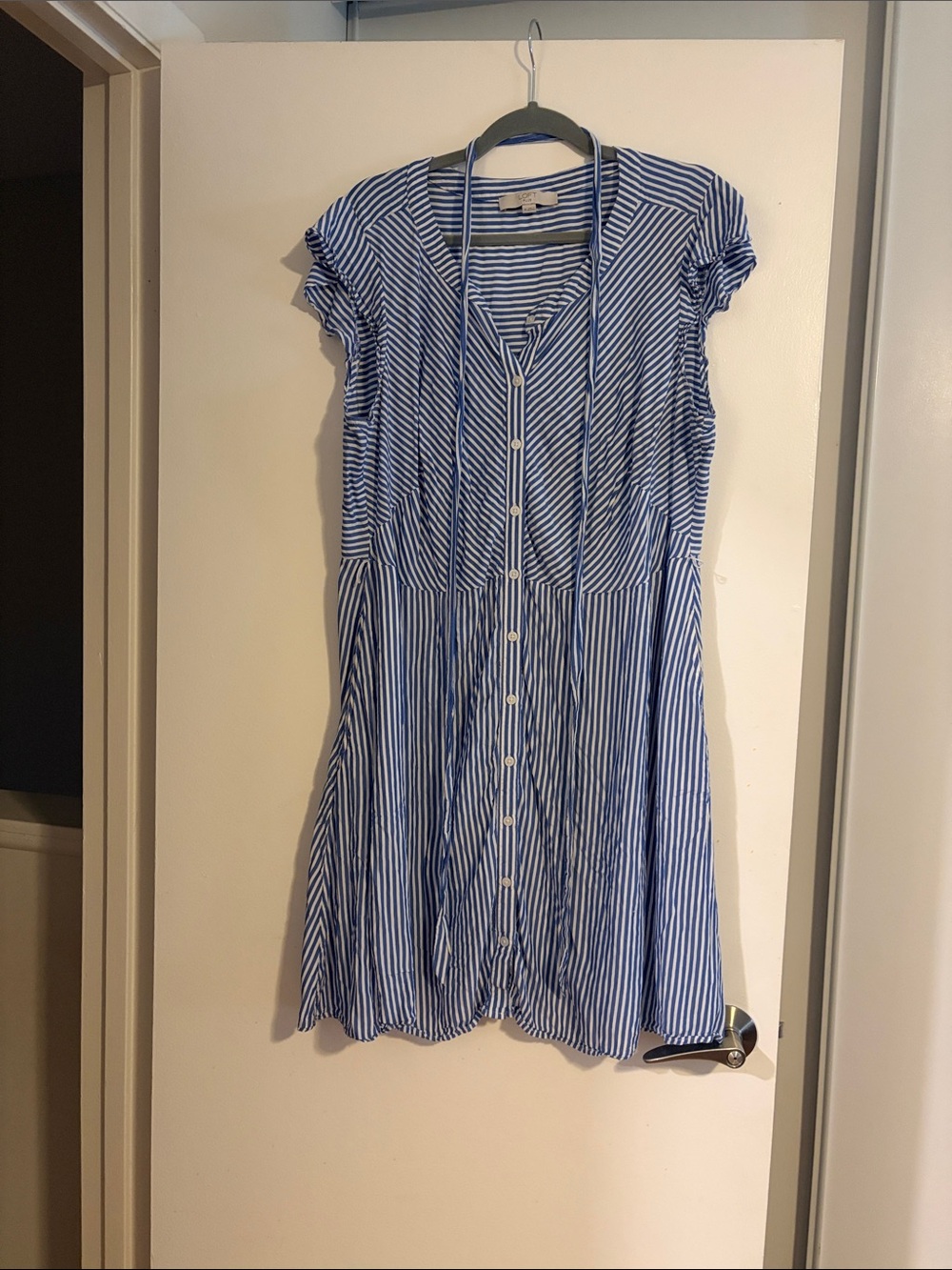 LOFT Blue and White Striped Button-Front Midi Dress
